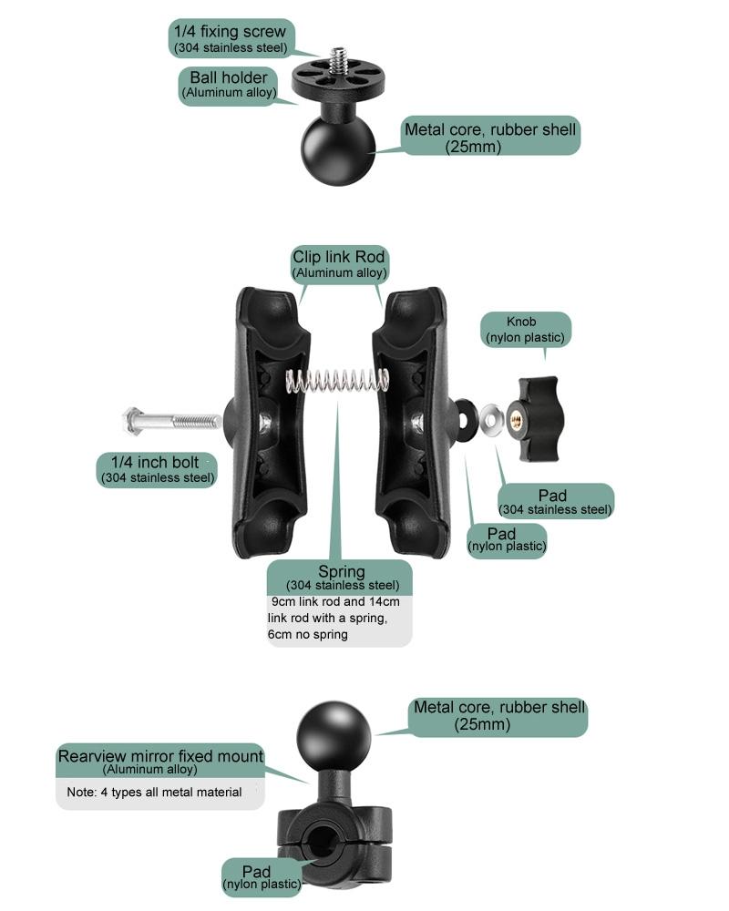 Universal Motorcycle Rearview Mirror Mount for Action Cameras - 25mm Ball Head