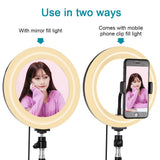 7.9 Mirror Light with Tripod & Usb 3 Modes Dual Colour Curved Ring Light for Vlogging Selfie Photography Video Phone Clamp - Black - Low Angle
