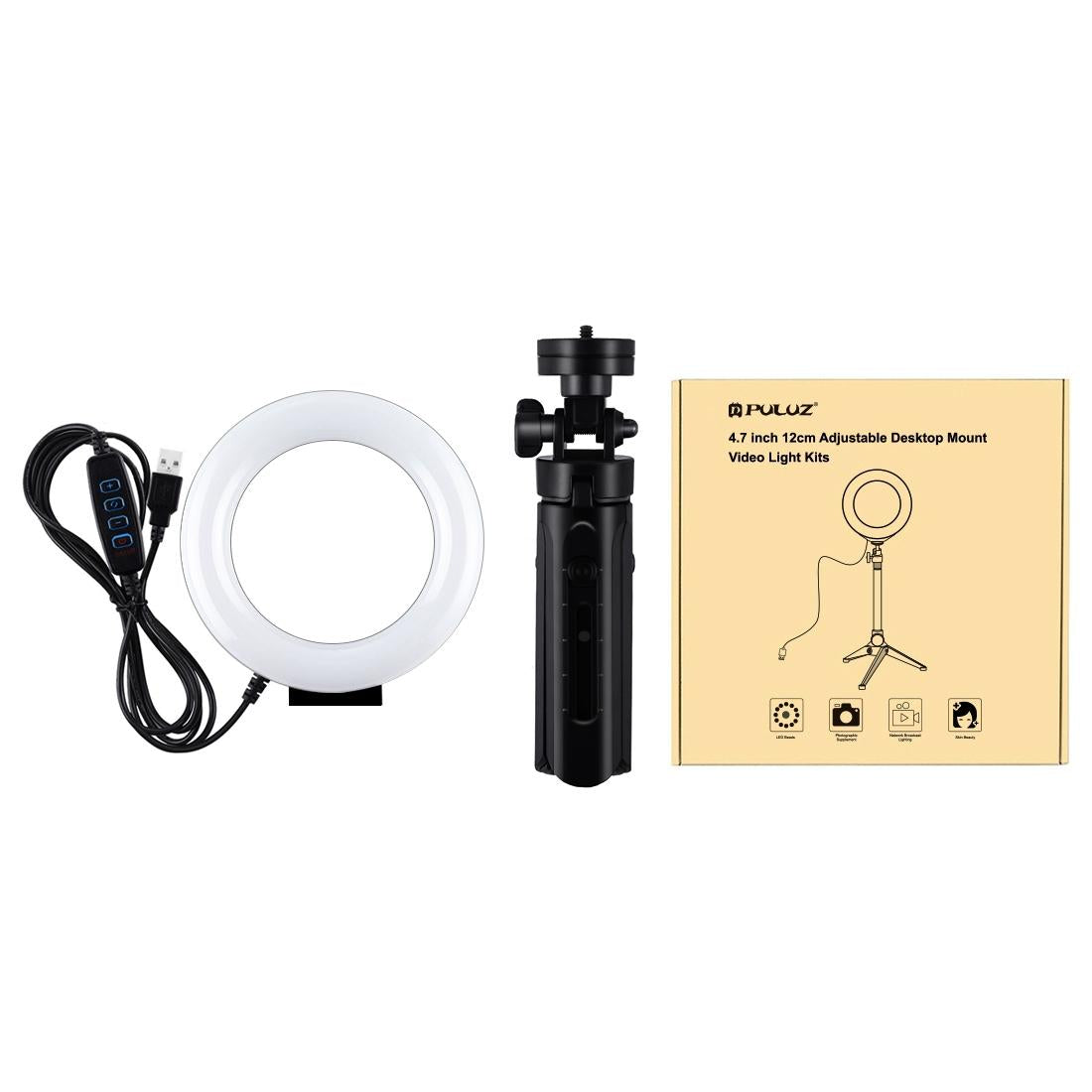 Usb 3 Modes Dimmable Led Ring Light & Pocket Tripod Kit with Cold Shoe Ball Head - 4.7 Inch Diameter