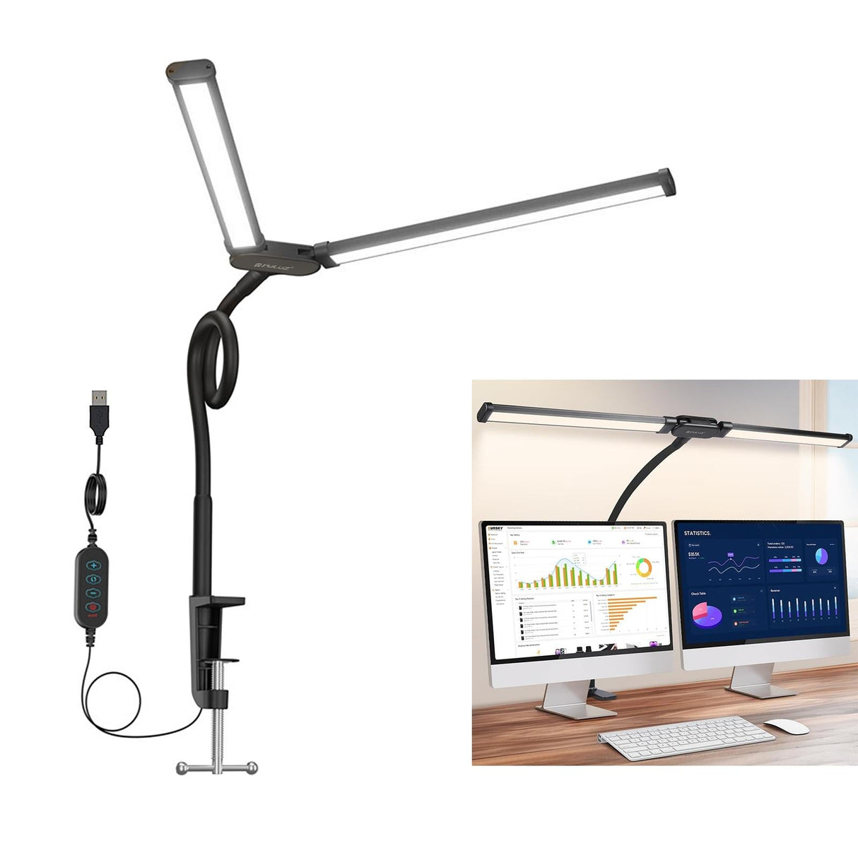 Double Head Clip Desk Lamp with Gooseneck Tube Led in Black