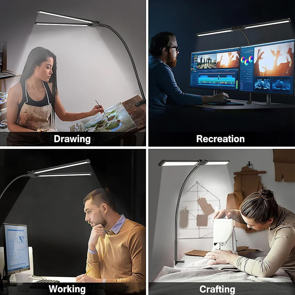 Double Head Clip Desk Lamp with Gooseneck Tube Led in Black
