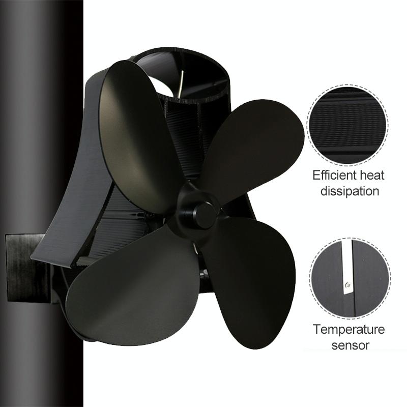 4-blade Heat Powered Fireplace Stove Fan - Aluminum - Black