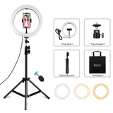 10.2 Ring Light with Tripod Usb 3 Modes Dual Colour Diffuse Light Phone Clamp with Remote - Black - Front View