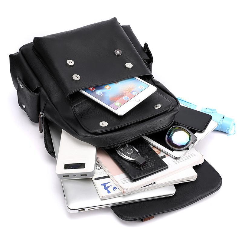 Large Capacity Pu Leather Laptop Backpack For Travel & School - Dark Brown