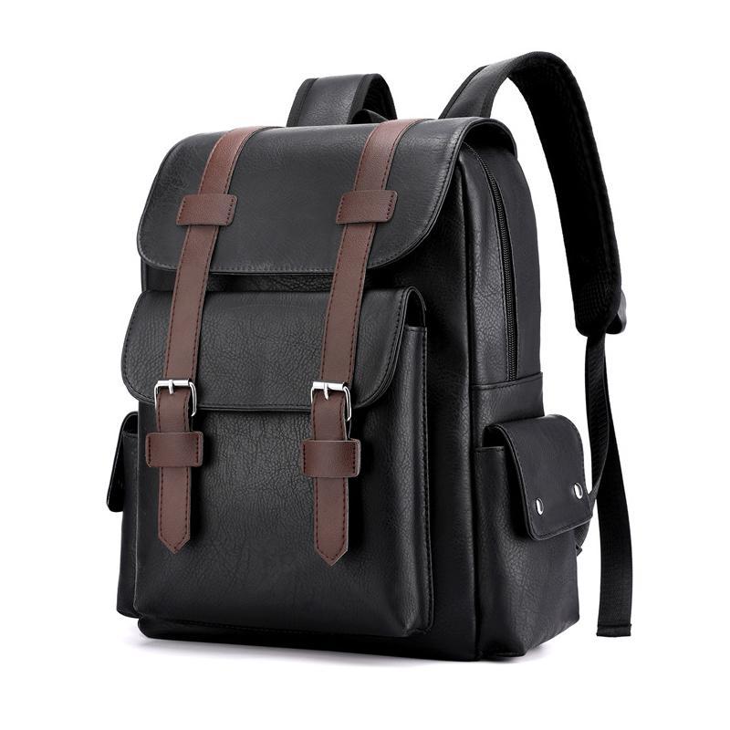 Large Capacity Pu Leather Laptop Backpack For Travel & School - Dark Brown