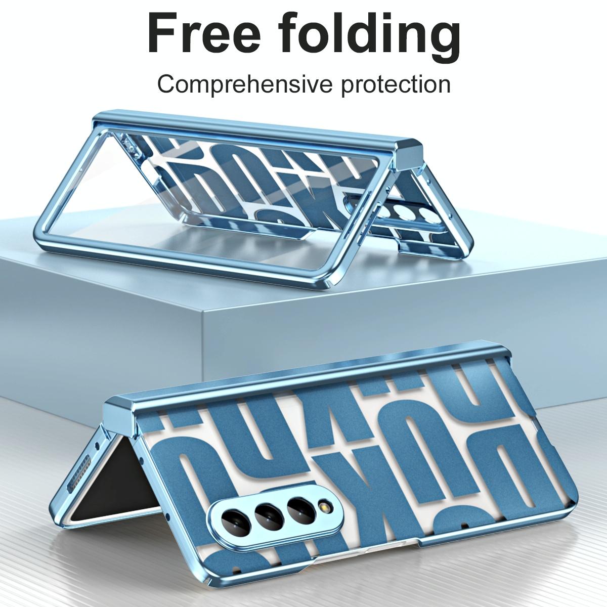 For Samsung Galaxy Z Fold4 5G Foldable Electroplated Phone Case With Hinge - Blue