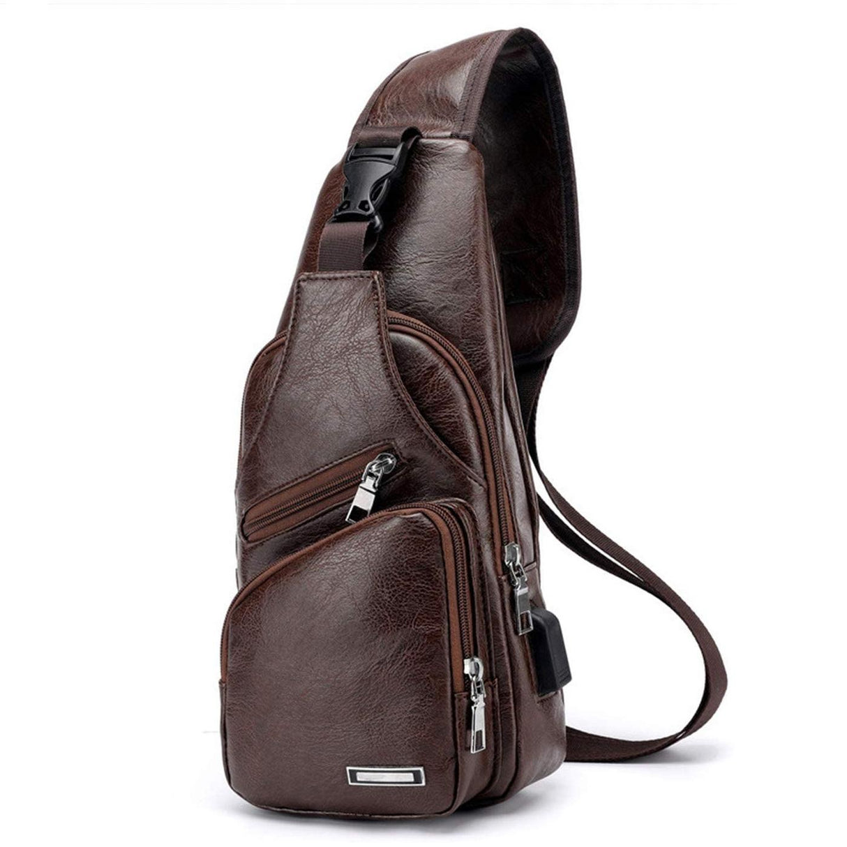 Waterproof Pu Leather Men Chest Bag Usb Port Headphone Hole - Dark Brown