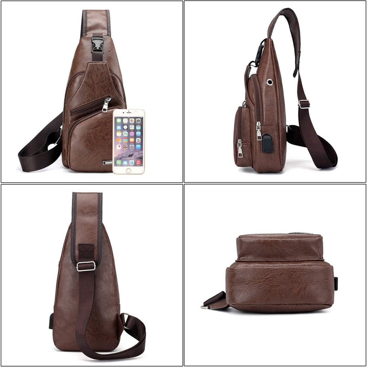 Waterproof Pu Leather Men Chest Bag Usb Port Headphone Hole - Dark Brown