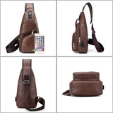 Waterproof Pu Leather Men Chest Bag Usb Port Headphone Hole - Dark Brown - 45-Degree Angle