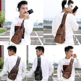 Waterproof Pu Leather Men Chest Bag Usb Port Headphone Hole - Dark Brown