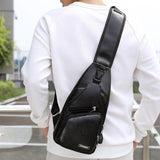 Waterproof Pu Leather Men Chest Bag Usb Port Headphone Hole - Dark Brown