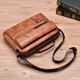 Leather Men Shoulder Bag Business Laptop Case Retro Design - Dark Brown - Side View