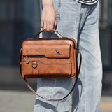 Leather Men Shoulder Bag Business Laptop Case Retro Design - Dark Brown - Top-Down View