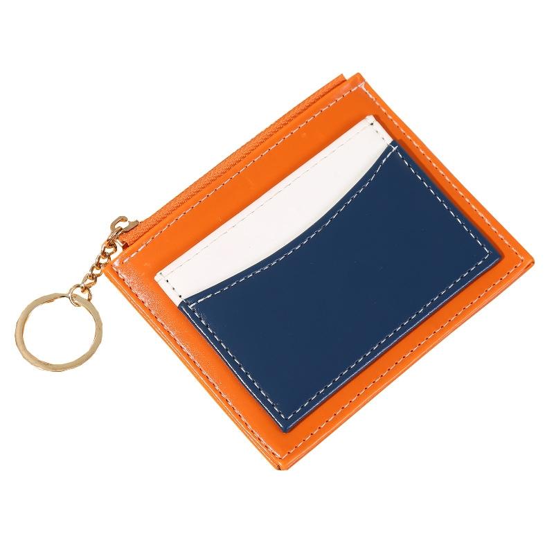 Portable Simple Card Holder Coin Purse With Keychain Unisex Pu Wallet - Pink