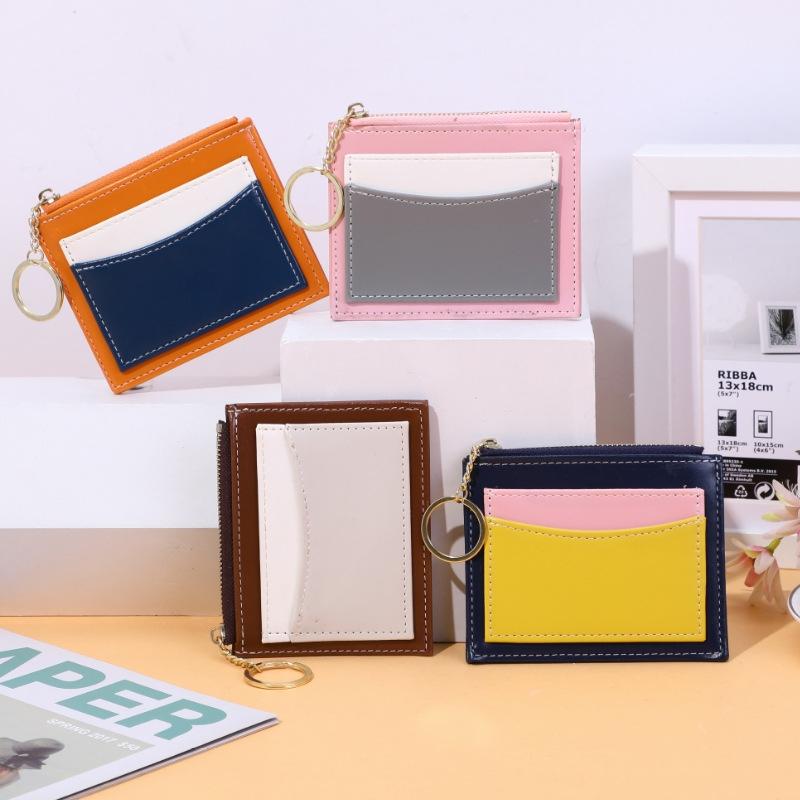 Portable Simple Card Holder Coin Purse With Keychain Unisex Pu Wallet - Pink
