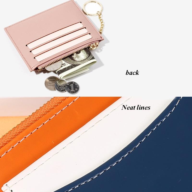 Portable Simple Card Holder Coin Purse With Keychain Unisex Pu Wallet - Pink