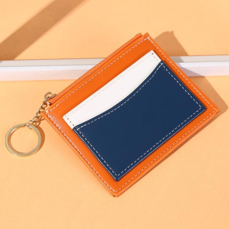 Portable Simple Card Holder Coin Purse With Keychain Unisex Pu Wallet - Pink