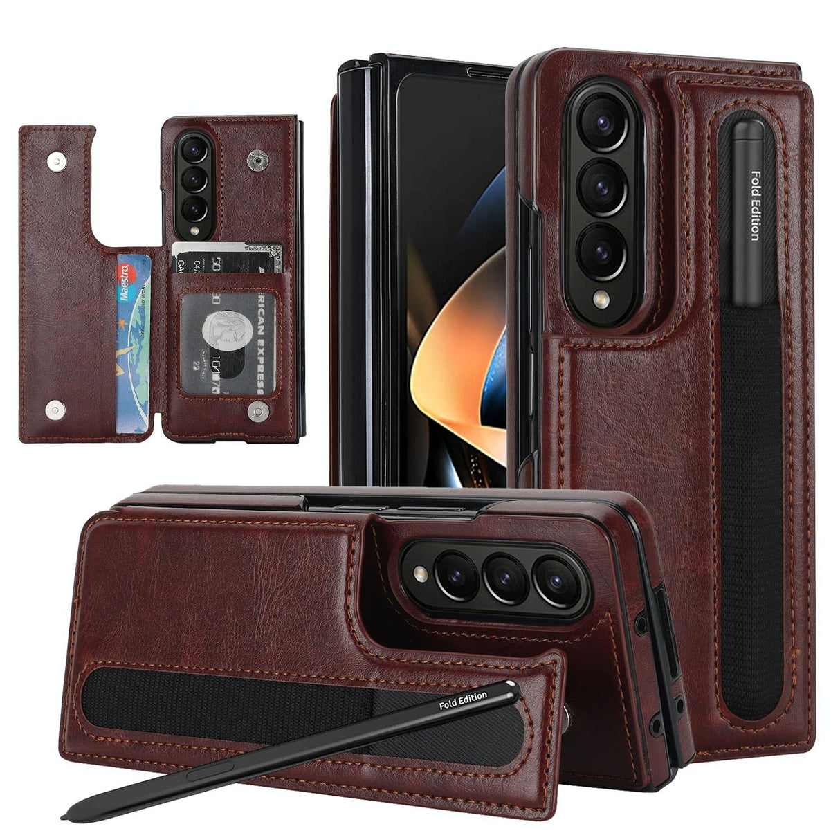 For Samsung Galaxy Z Fold4 5G Double Buckle Foldable Phone Case With Pen Slot - Red
