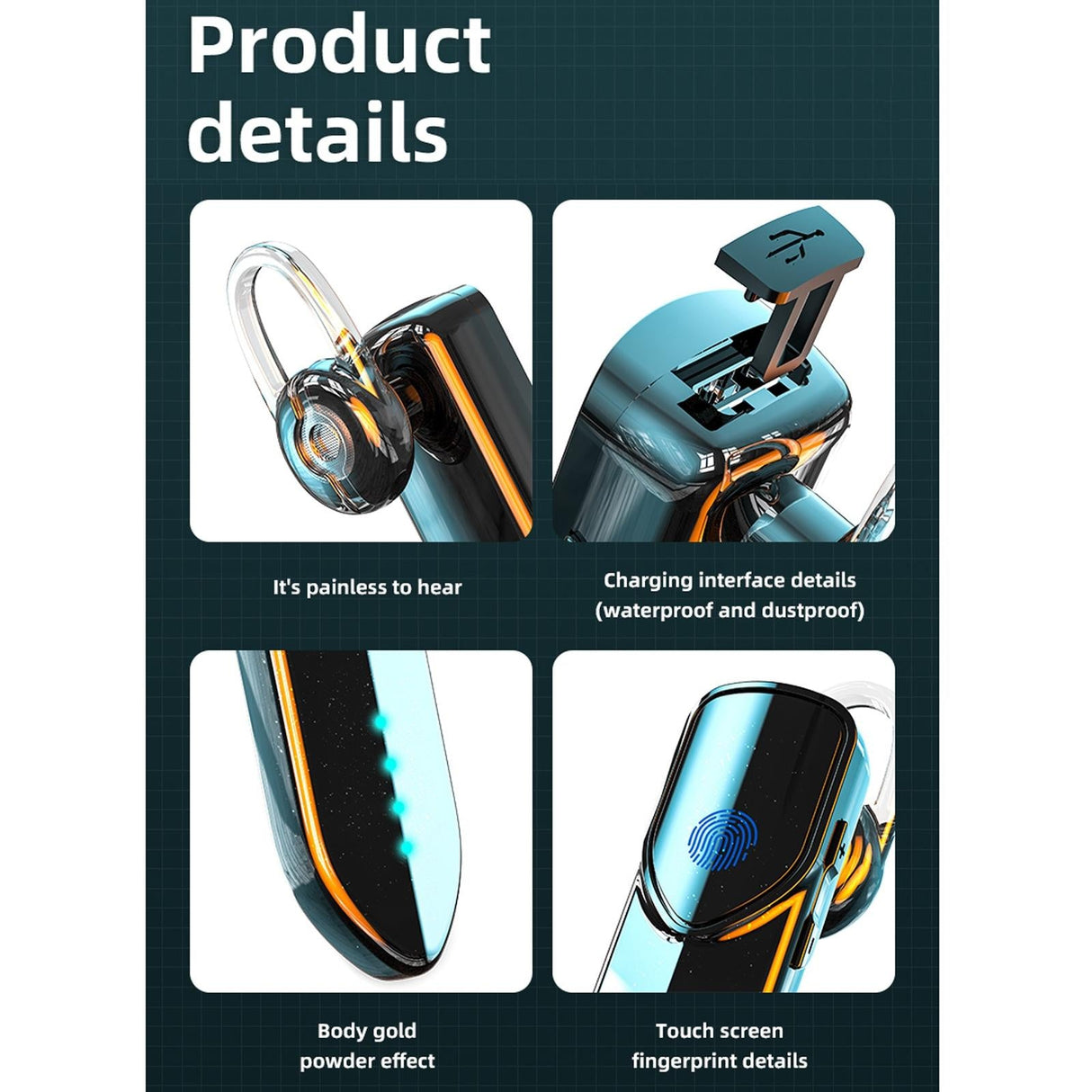 Business Style Bluetooth 5.0 Earphone with Fingerprint Touch - Blue