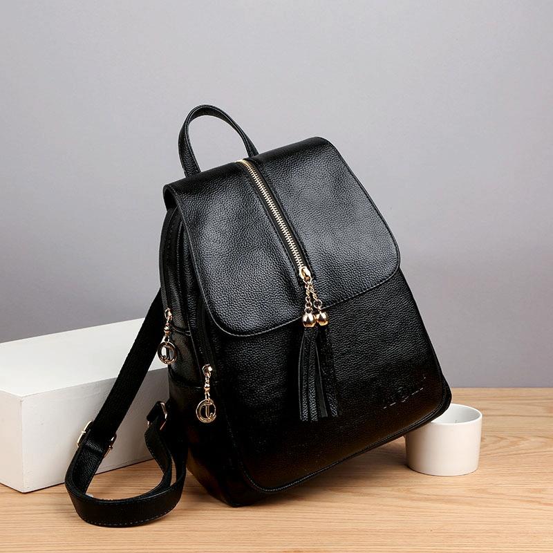 Leather Travel Backpack - Anti-theft Compact - Black