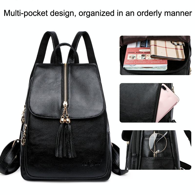 Leather Travel Backpack - Anti-theft Compact - Black