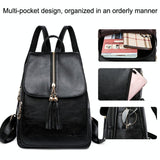 Leather Travel Backpack - Anti-theft Compact - Black