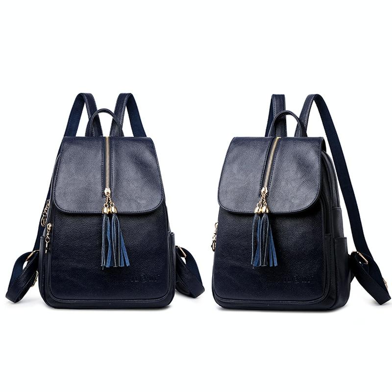 Leather Travel Backpack - Anti-theft Compact - Black