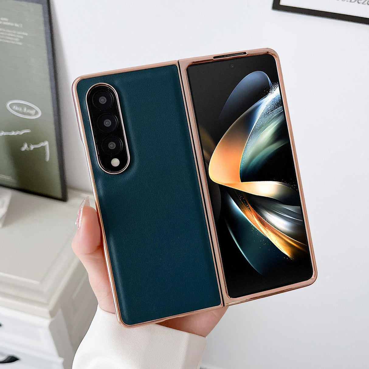 For Samsung Galaxy Z Fold4 5G Xiaoya Series Genuine Leather Plating Case - Blue