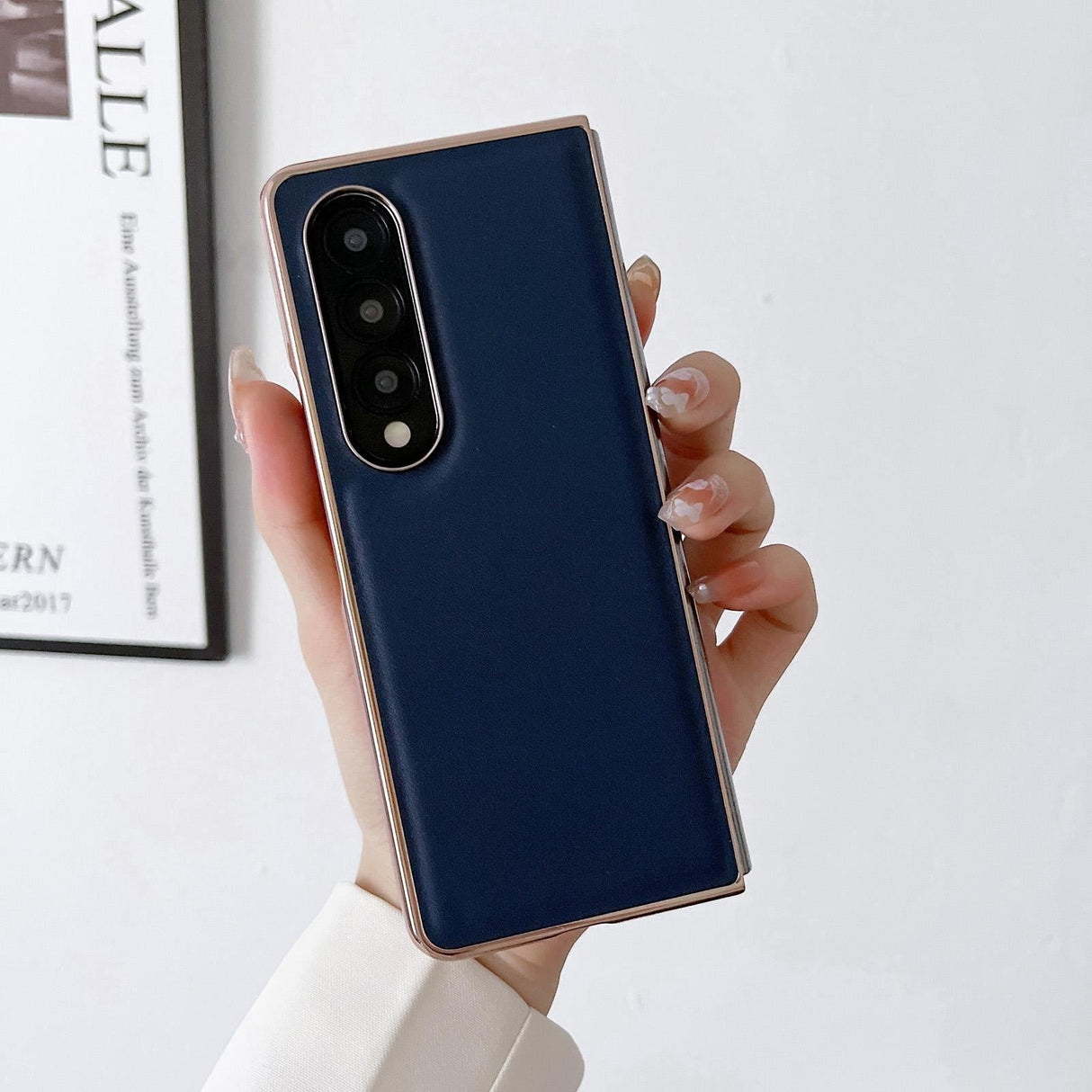 For Samsung Galaxy Z Fold4 5G Xiaoya Series Genuine Leather Plating Case - Blue