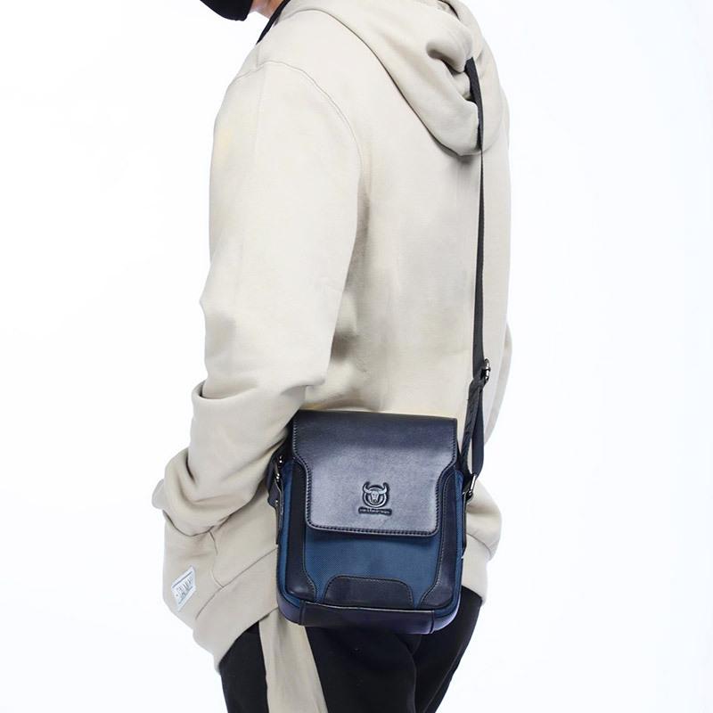 Men Leather Diagonal Shoulder Bag Multi Function - Black