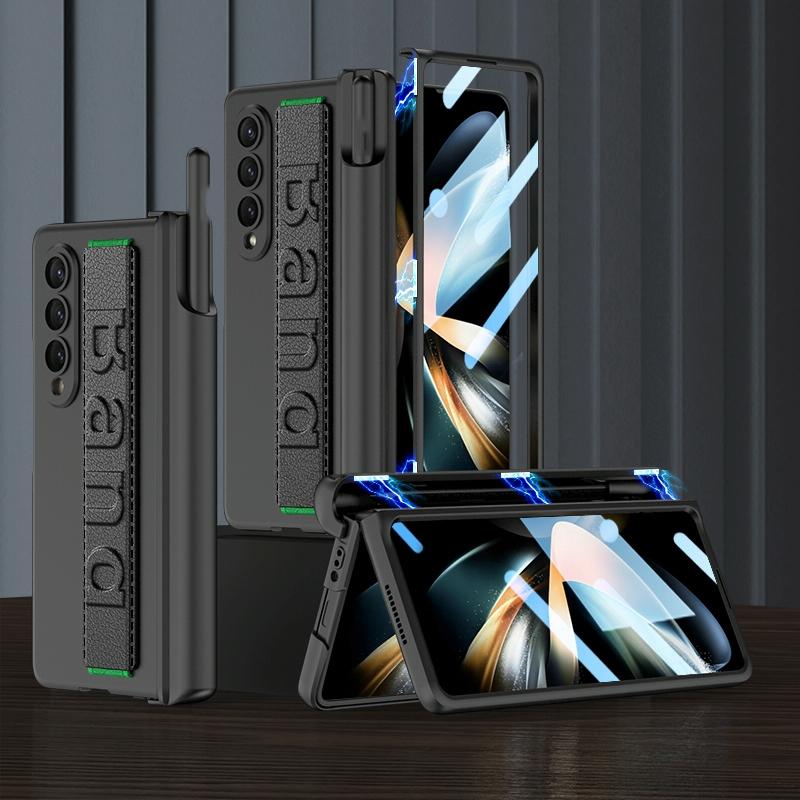 For Samsung Galaxy Z Fold4 5G Shockproof Magnetic Fold Case With Wrist Strap - Black