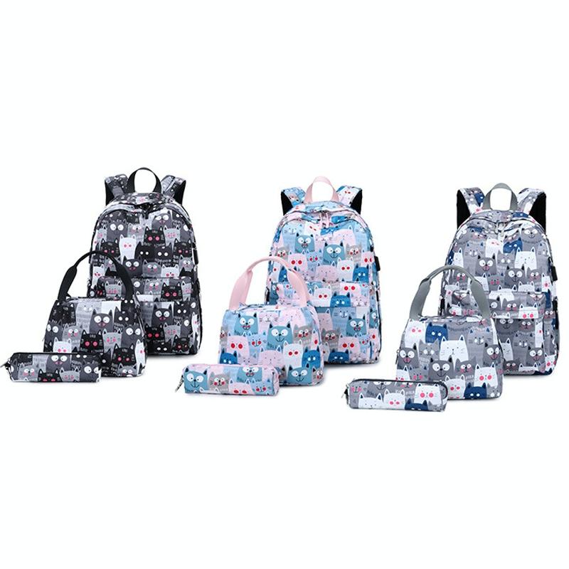 Student Backpack Set - Printed Design - Grey