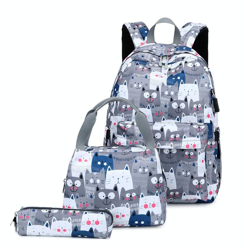 Student Backpack Set - Printed Design - Grey