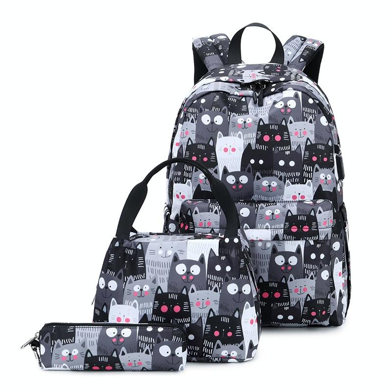 Student Backpack Set - Printed Design - Grey