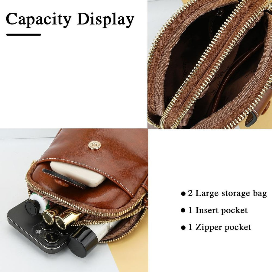 Oil Wax Leather Double Zip Crossbody Phone Bag - Red