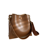 Retro Wide Strap Crossbody Bucket Bag For Women - Brown - Front View
