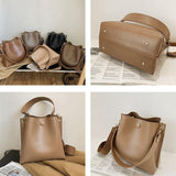 Retro Wide Strap Crossbody Bucket Bag For Women - Brown - 45-Degree Angle