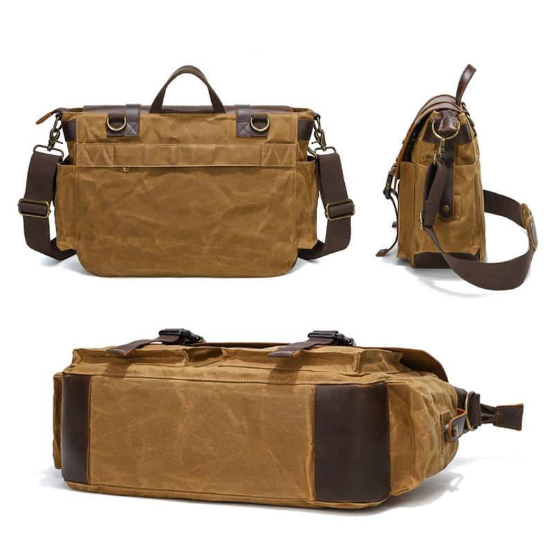 Leather Waxed Canvas Crossbody Bag For Outdoors - S11 Khaki