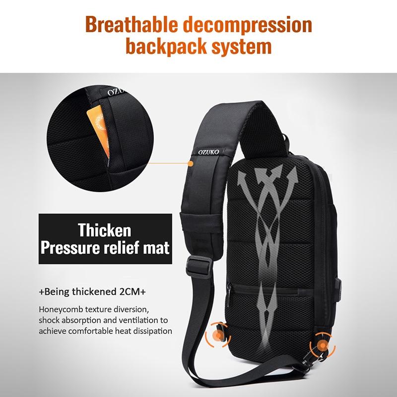 Anti Theft Men Waterproof Crossbody Bag With USB Port - Dark Grey