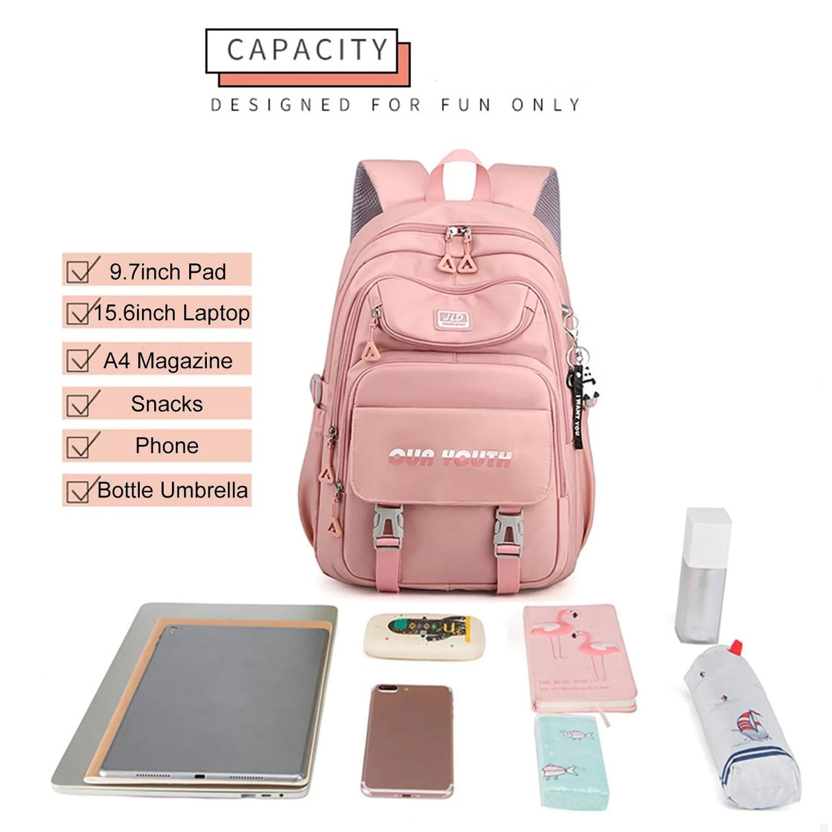 Teen Girls' Anti-theft College Backpack - Secure & Stylish - Soft Pink