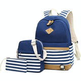 Printed Canvas Backpack Set - 3 Pieces - Navy Blue - Front View