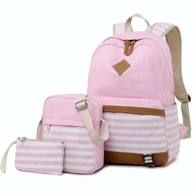 Printed Canvas Backpack Set - 3 Pieces - Navy Blue