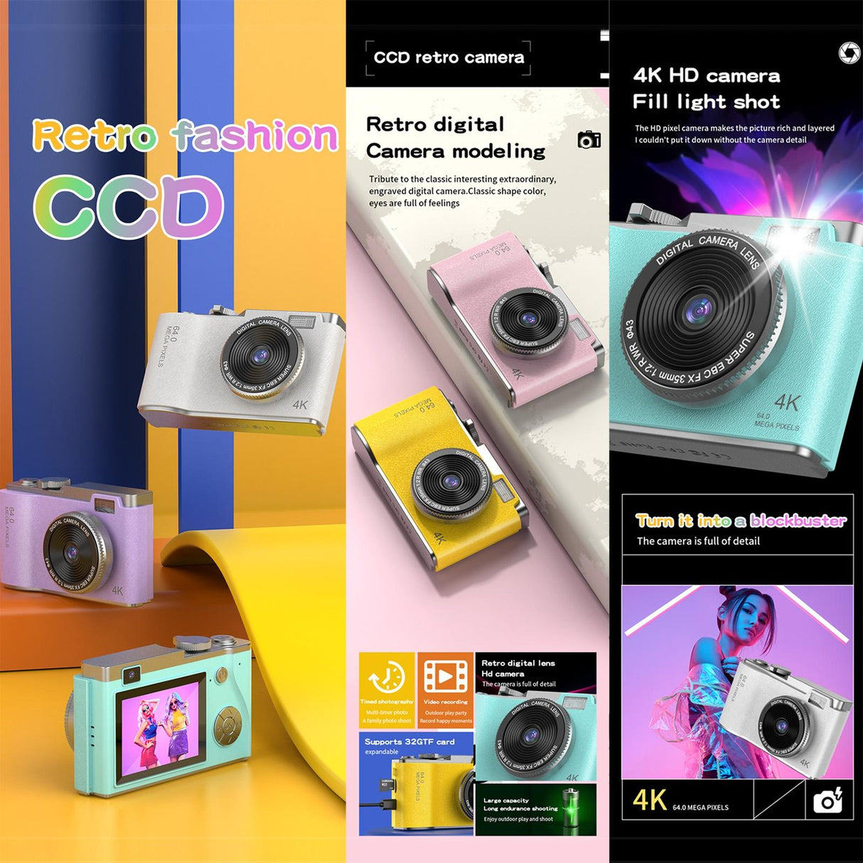 Retro Kids Camera With Dual-Lens 4K Hd Ccd - 2.4 Inch - Purple