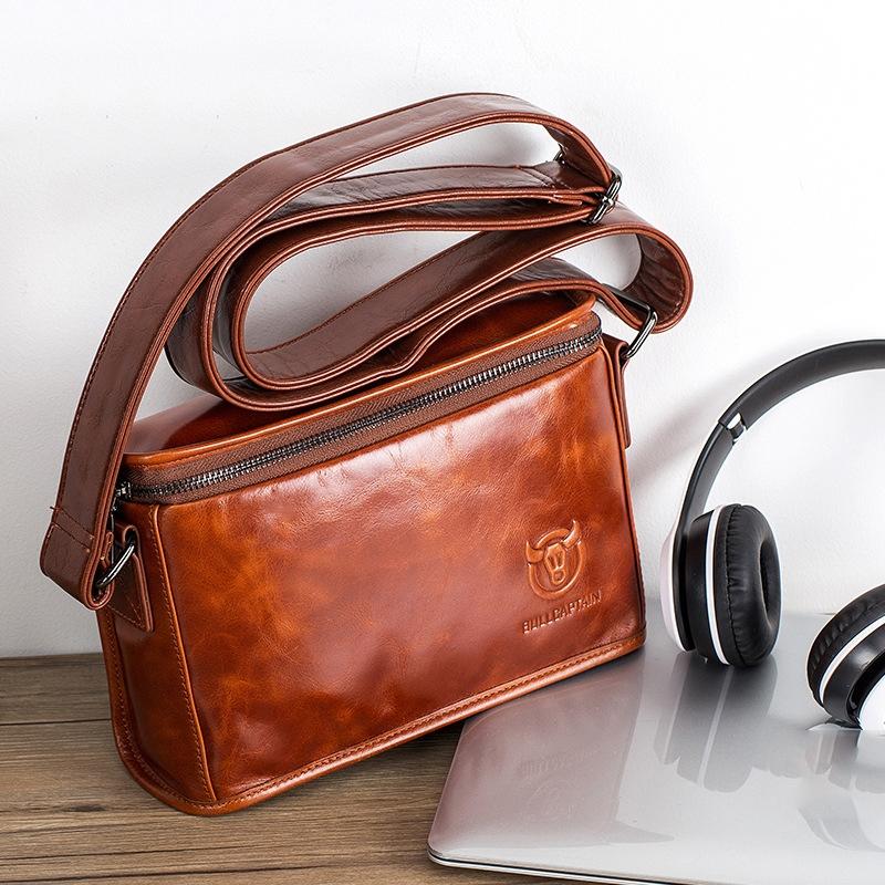 Men Brown Leather Shoulder Bag - Smog Blue