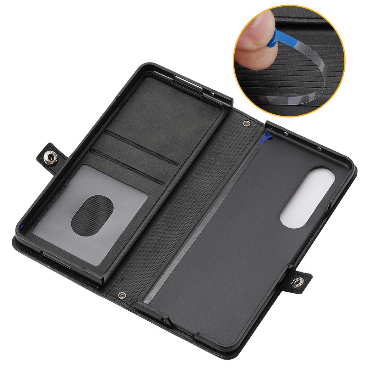 For Samsung Galaxy Z Fold4 5G Leather Grid Texture Phone Case With Lanyard - Brown