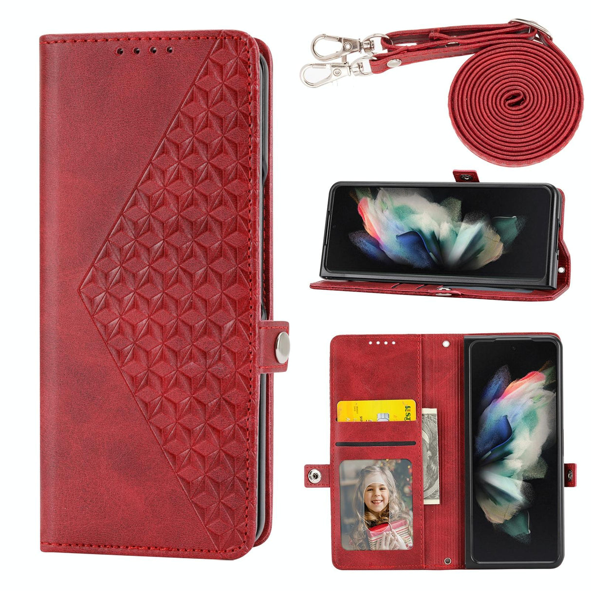 For Samsung Galaxy Z Fold4 5G Leather Grid Texture Phone Case With Lanyard - Brown