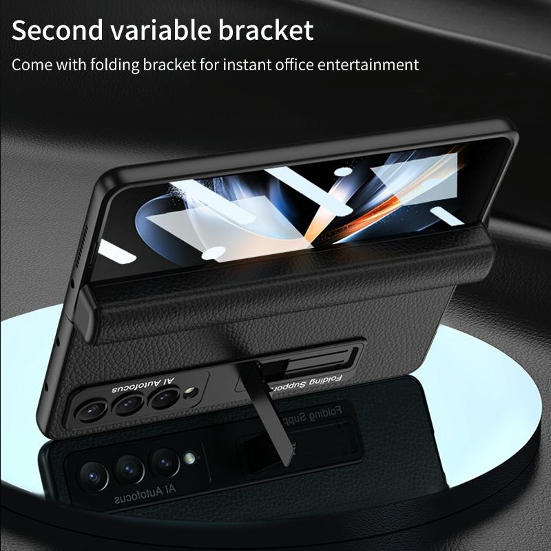 For Samsung Galaxy Z Fold4 5G Leather Phone Case With Foldable Hinge And Holder - Green