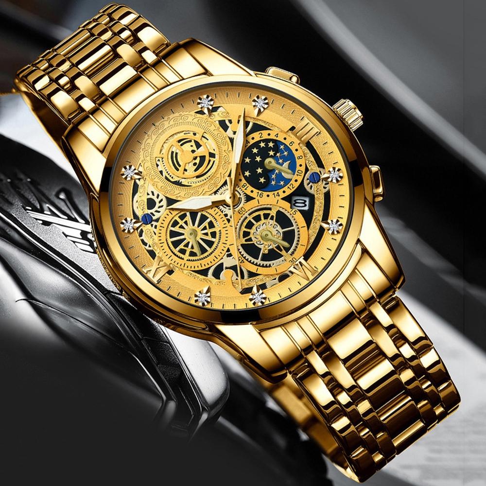Waterproof Luminous Quartz Watch with Multifunctional Design - Black Steel Black Surface