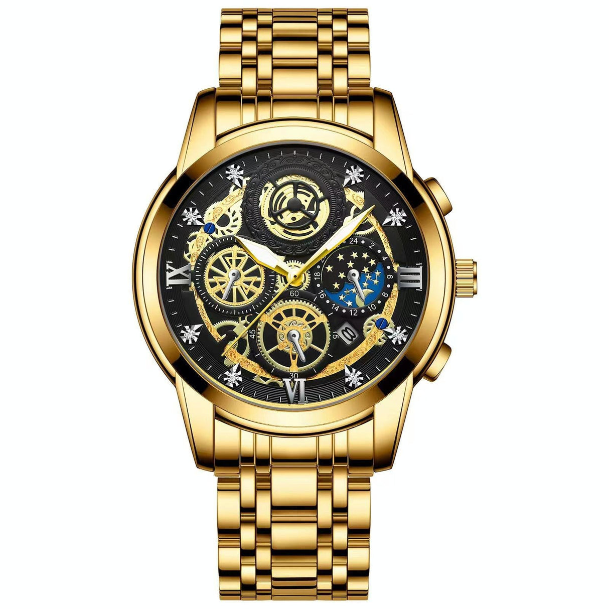 Waterproof Luminous Quartz Watch with Multifunctional Design - Black Steel Black Surface