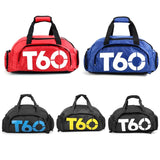 Waterproof Fitness Backpack For Swimming And Travel - Simple Black Bottom Blue Word - Side View